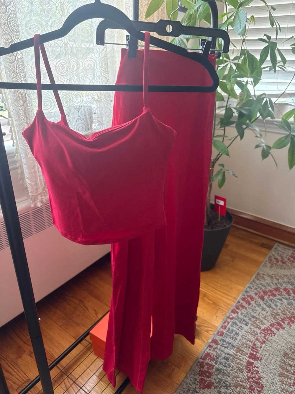 Red Two-Piece Crop Top & Wide-Leg Pants Set